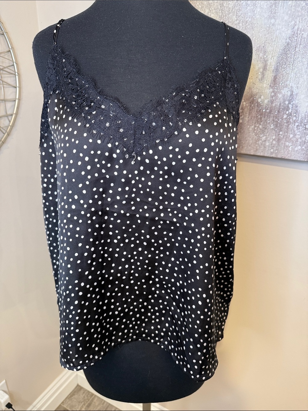 Black Polka Dot Lace Trim Cami adjustable straps size large